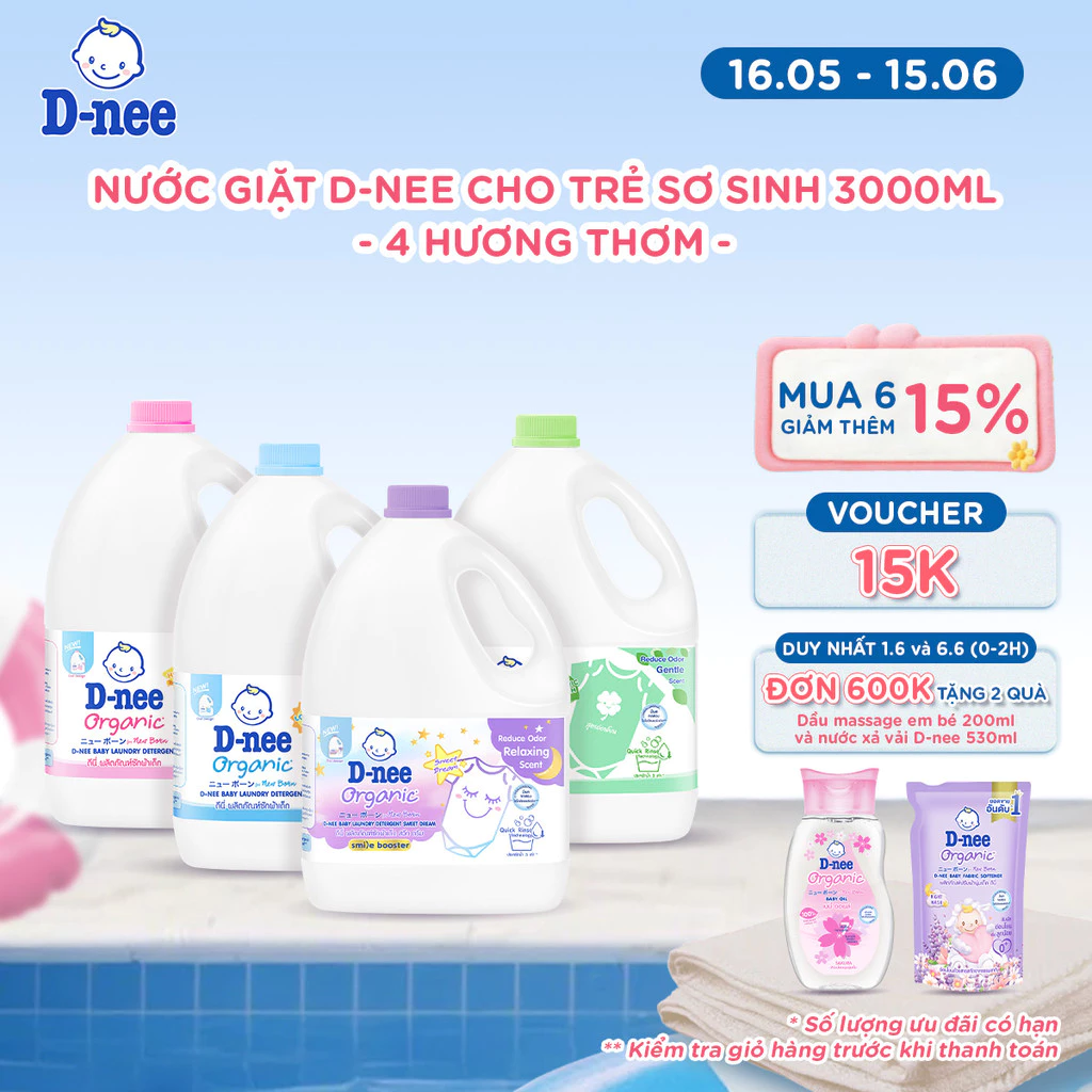 Nước giặt D-nee cho trẻ sơ sinh, mềm dịu, thơm nhẹ, không hư hại quần áo - Can 3000ml - 4 Hương thơm