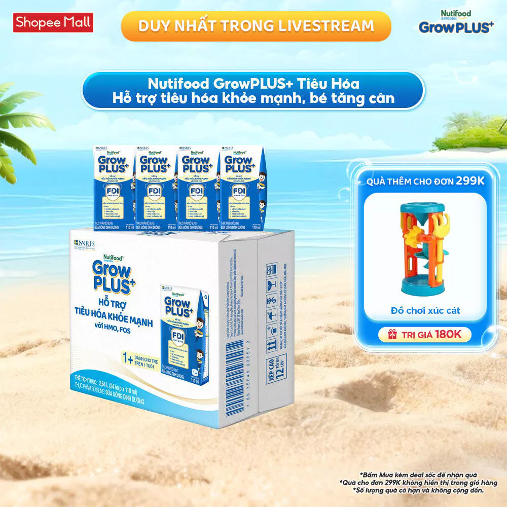 Thùng 24 hộp x 110ml Sữa bột pha sẵn Nutifood Sweden GrowPLUS+ Tiêu Hóa (Xanh Nhạt) 1+ - Tiêu hóa khỏe, tăng cân