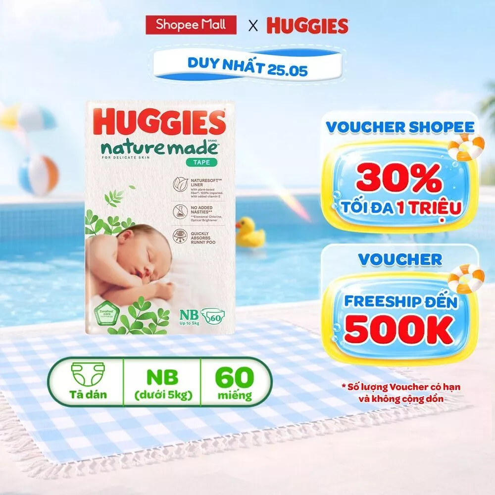 Tã/Bỉm dán sơ sinh Huggies NatureMade NB60 (dưới 5kg)/S82(4-8kg) /M64(6-11kg)/L54/XL44