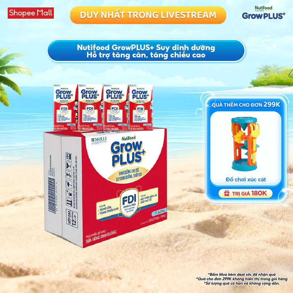Thùng 24 hộp SBPS Nutifood GrowPLUS+ Suy Dinh Dưỡng (Đỏ) Ít đường 110ml - Tăng Cân, Tăng Chiều Cao (Bao bì tùy lô hàng)