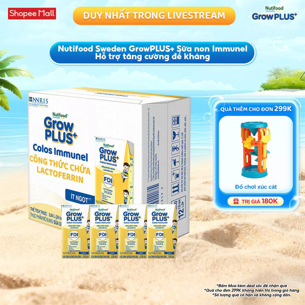 Thùng 24 hộp Sữa Bột Pha Sẵn Nutifood Sweden GrowPLUS+ Sữa Non Immunel (24 hộp x 110 ml) (Bao bì tuỳ lô hàng)