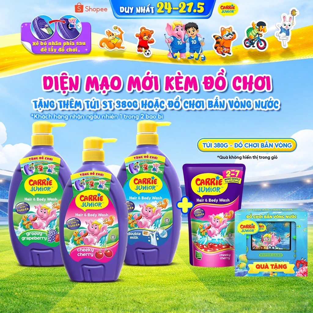 [MỚI-Tặng đồ chơi bắn vòng nước] Chai Sữa Tắm Gội cho bé Carrie Junior hương trái cây 700g (Tặng mùi ngẫu nhiên)