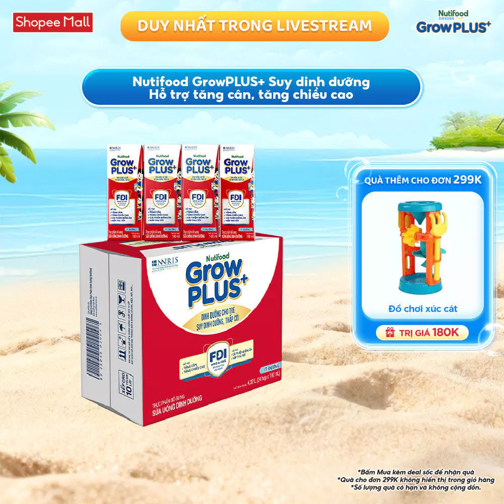 Thùng 24 hộp SBPS Nutifood GrowPLUS+ Suy Dinh Dưỡng (Đỏ) Ít đường 180ml - Tăng Cân, Tăng Chiều Cao (Bao bì tùy lô hàng)