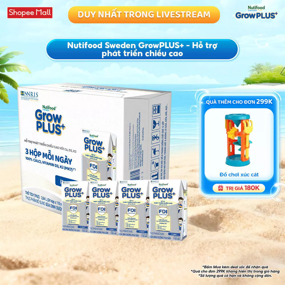 Thùng 24 hộp Sữa Bột Pha Sẵn Nutifood Sweden GrowPLUS+ Cao lớn vượt trội hộp 110 ml