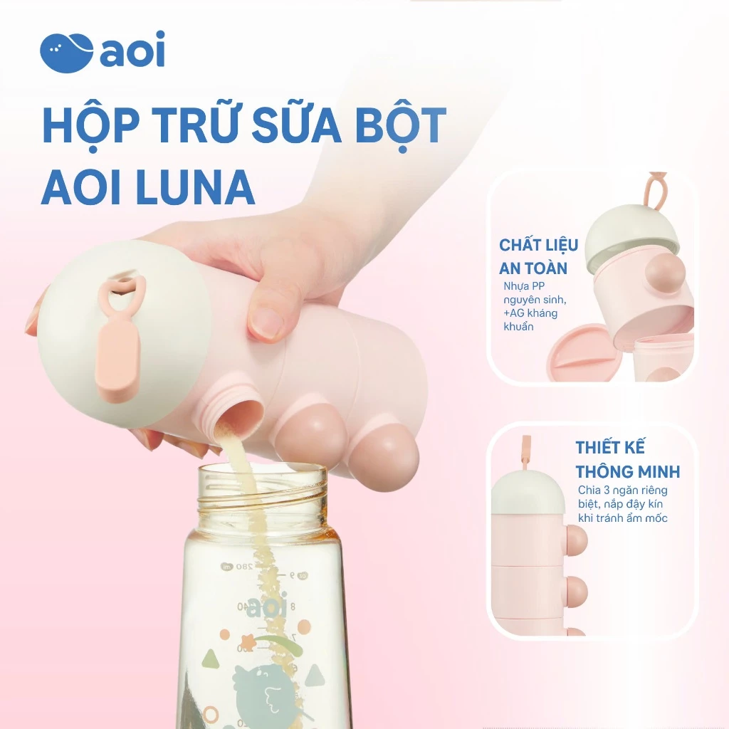 Hộp Trữ Sữa Bột Aoi Luna 3 Ngăn – Chống Ẩm, Giữ Sữa Tơi Mịn, An Toàn Cho Bé