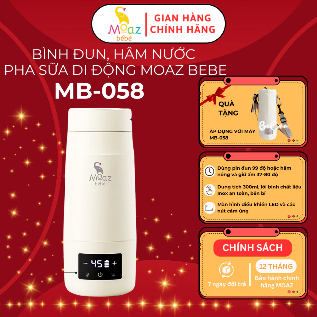 Bình đun nước pha sữa di động Moaz BéBé MB058 giữ nhiệt từ 40-80 độ có pin tích điện, thể tích 300ML