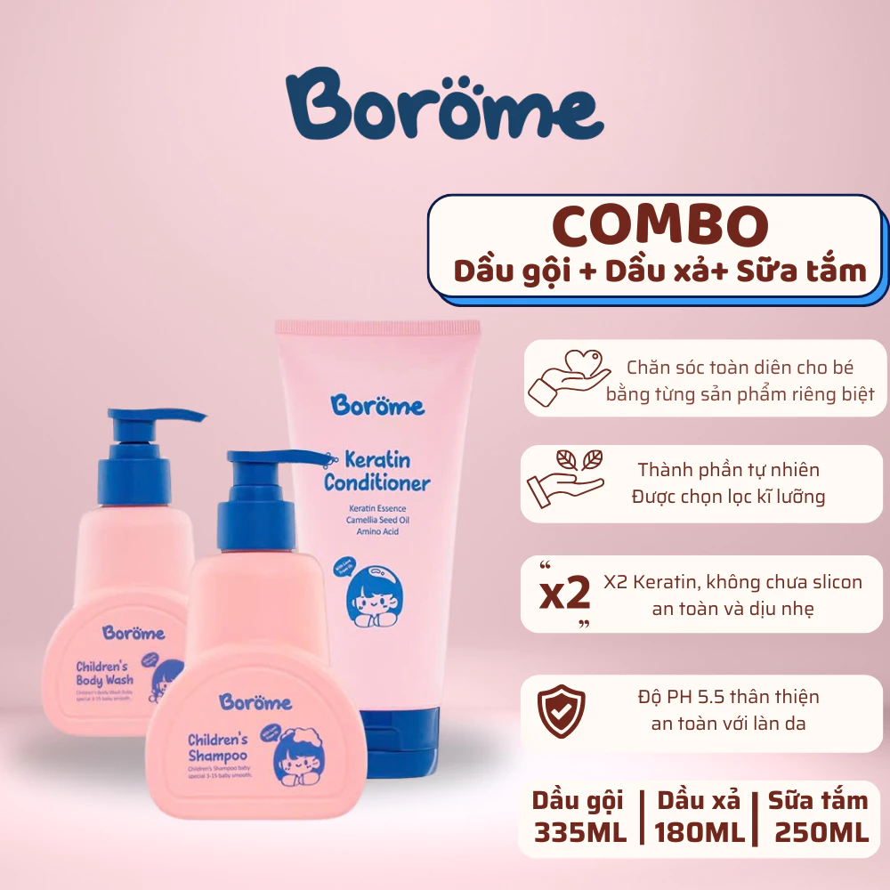 Combo dầu gội + dầu xả + sữa tắm trẻ em Borome công thức dịu nhẹ, dung tích 335ml