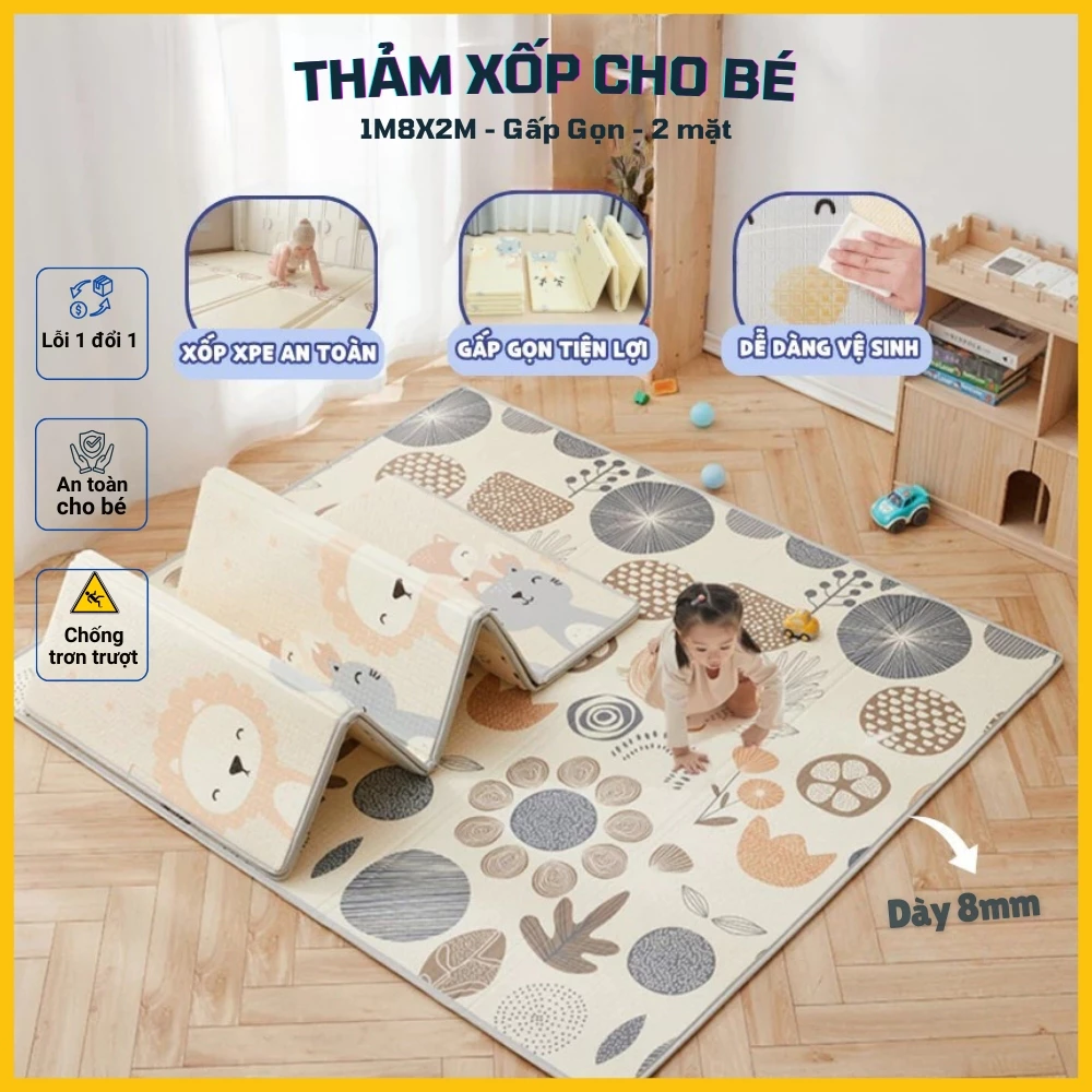 Thảm xốp gấp gọn cho bé loại dày, chiếu xốp trải sàn xpe không thấm nước KT 1m8x2m
