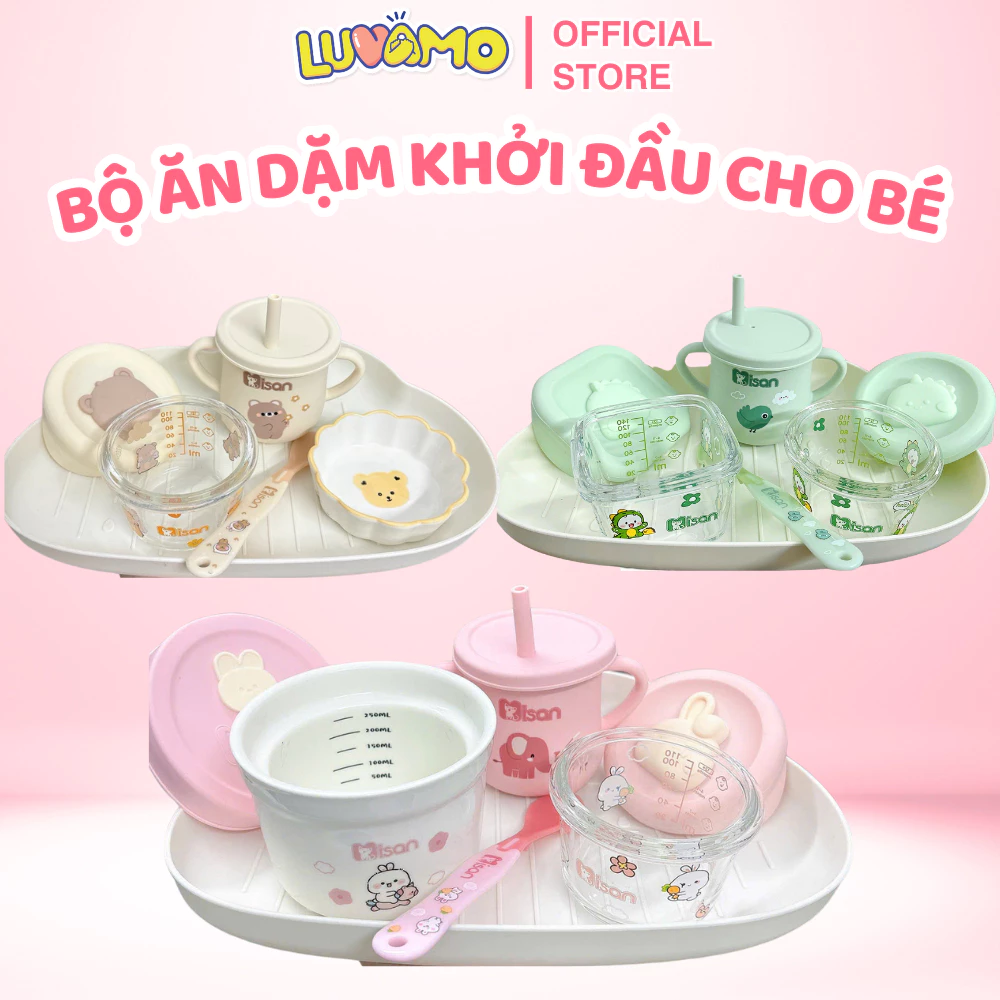 Bộ bát ăn dặm cho bé khởi đầu cốc tập hút, bát sứ, thìa an toàn tiện dụng Luvamo