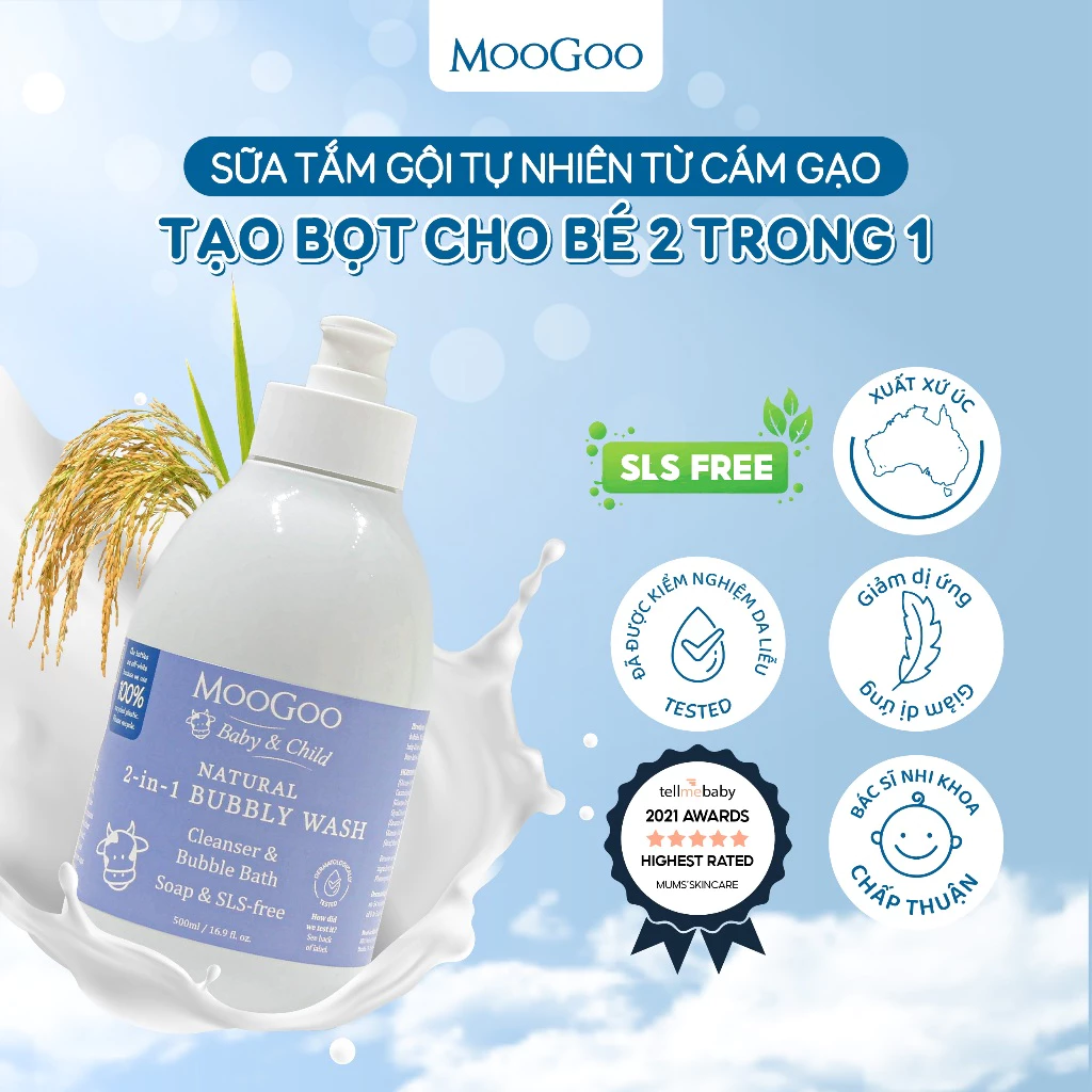 Sữa Tắm Gội Tự Nhiên MooGoo Bubbly Wash Từ Cám Gạo Cho Bé Không Chứa SLS & Paraben