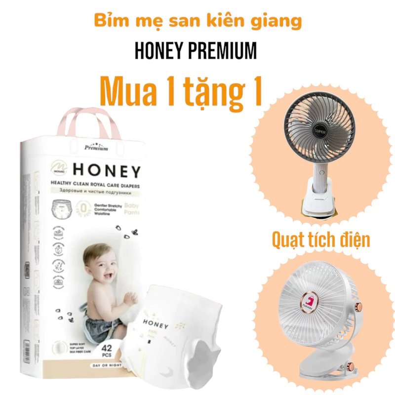 [TẶNG QUẠT] 1bịch bỉm HONEY PREMIUM tơ tằm, mềm mịn, thấm hút tốt đủ size tã dán và tã quần cho bé