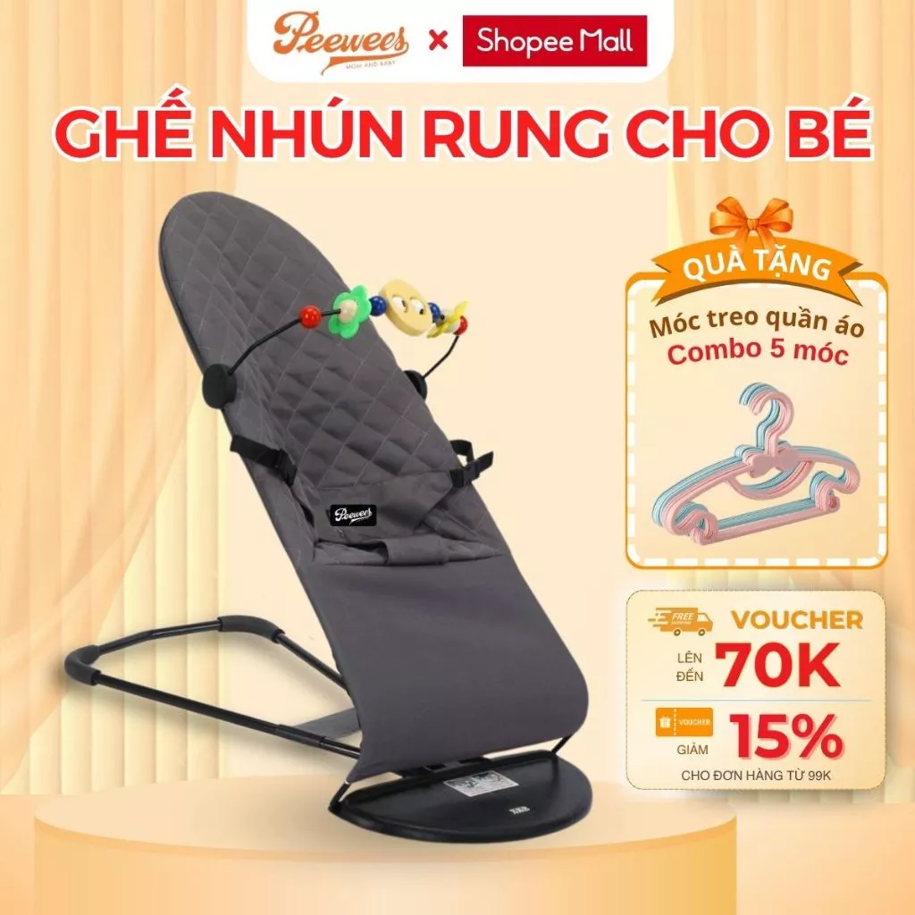 Ghế Nhún Rung Cao Cấp Cho Bé Sơ Sinh PEEWEES, Chống Võng Lưng, Chất Vải Cotton Thoáng Mát Giúp Bé Nằm Thoải Mái Dễ Chịu
