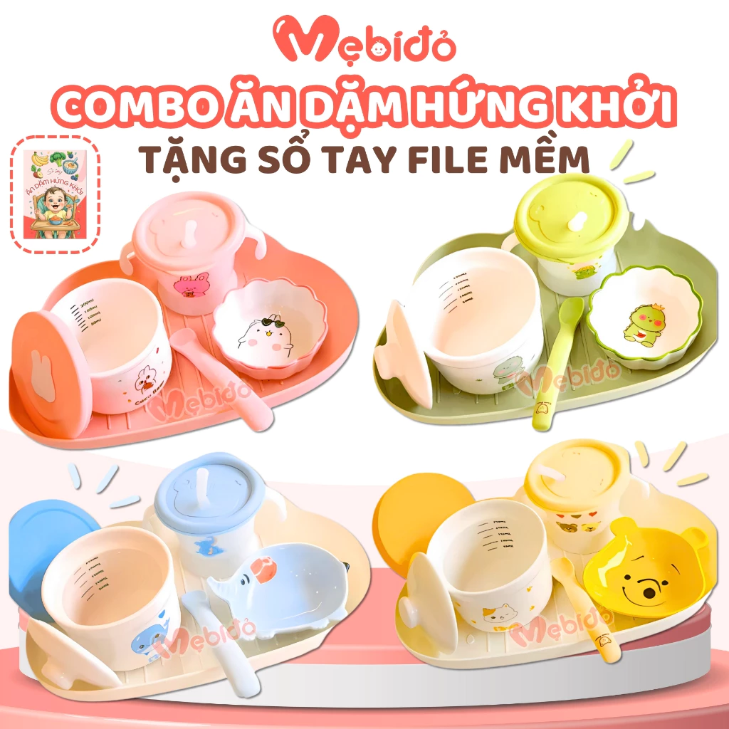 Combo Chén Sứ Ăn Dặm Kiểu Nhật Set Ăn Dặm Hứng Khởi Cho Bé Hũ Thủy Tinh Cốc Tập Hút Shop Mẹ Bí Đỏ