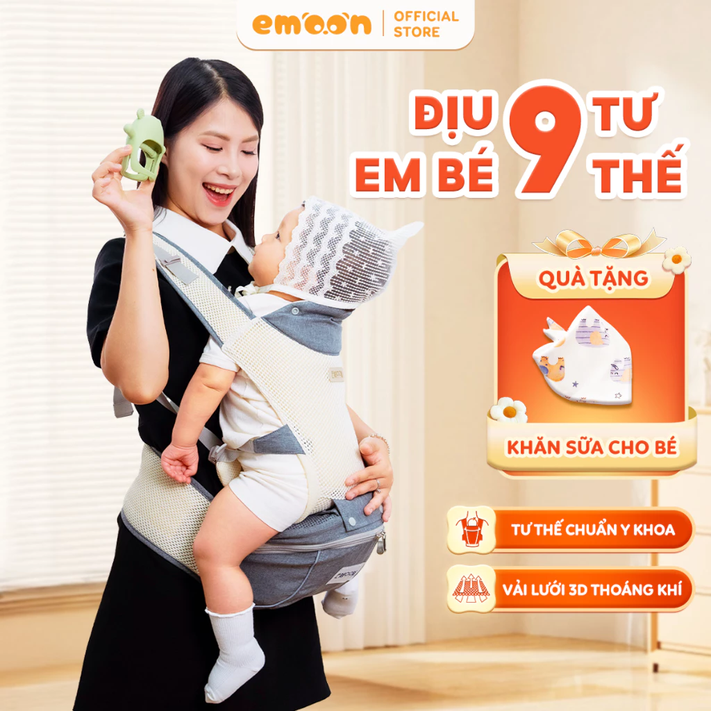 [HỎA TỐC] Địu Em Bé Emoon 9 Tư Thế Thoáng Khí, Trợ Lực Tối Ưu, An Toàn Chuẩn Chữ M Cho Bé Yêu