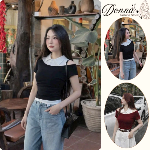 Áo thun nữ, áo phông nữ DONNA HCOM27050 trễ vai phối cổ sơ mi basic, tôn dáng dễ phối đồ