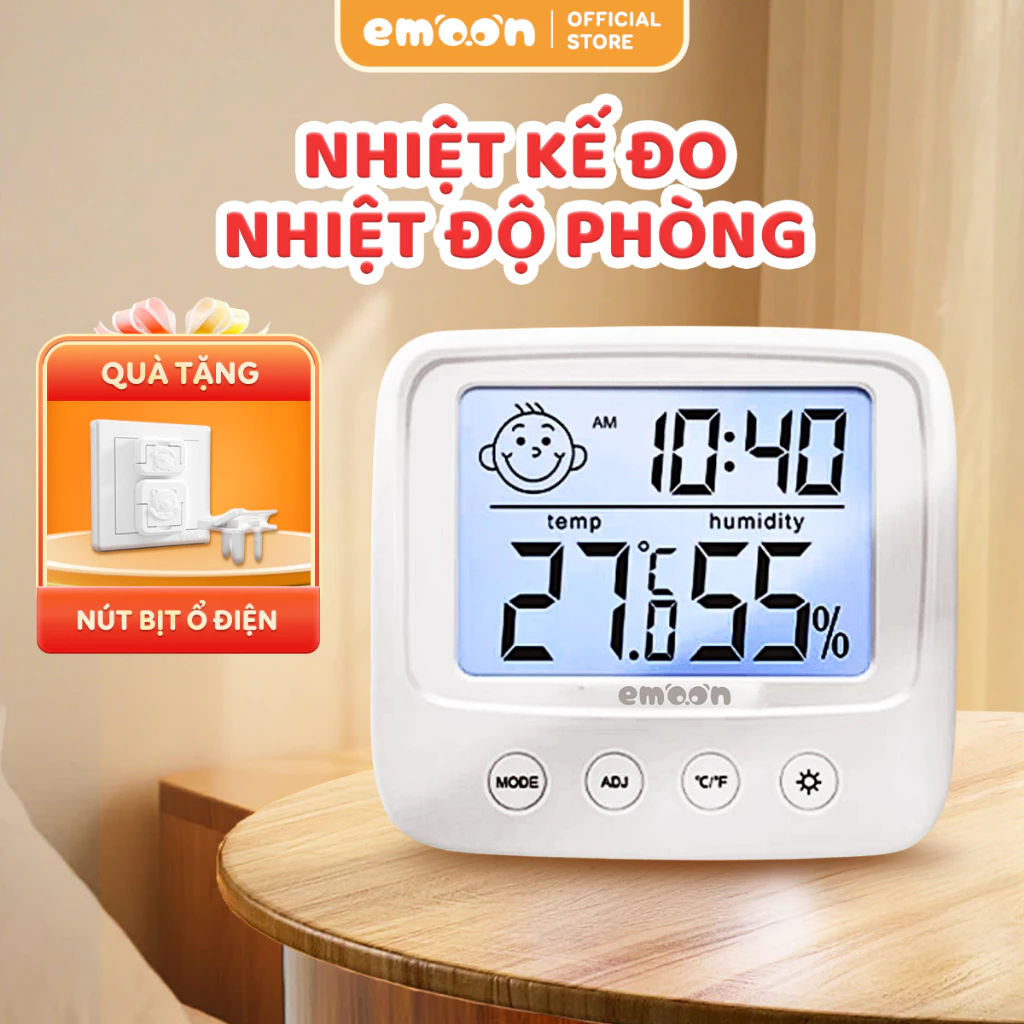 Nhiệt ẩm kế đo nhiệt độ phòng cho bé Emoon 4 trong 1 đo nhiệt độ, độ ẩm, xem giờ, báo thức, bảo vệ sức khỏe gia đình