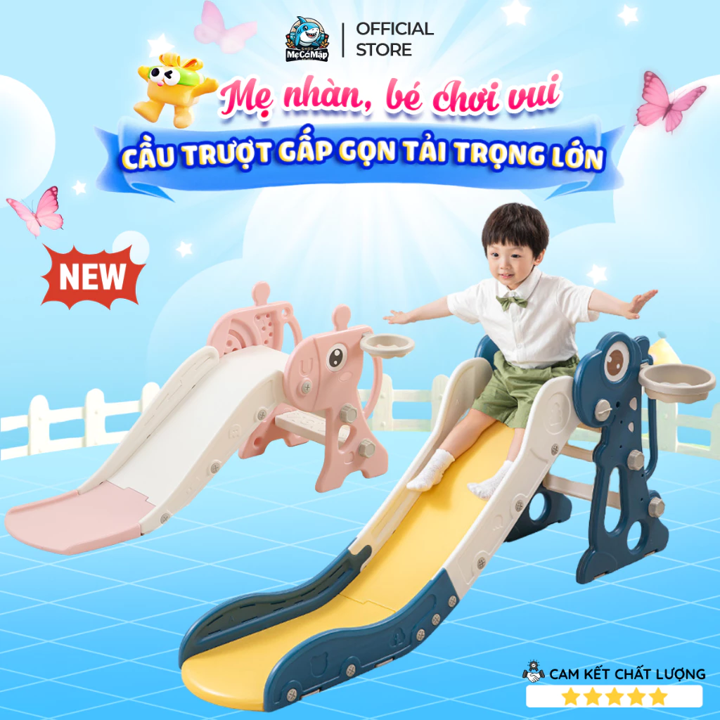 Cầu Trượt Cho Bé Tặng kèm Bóng Rổ + Ném Vòng, Cầu Trượt Cho Bé Trai Bé Gái Gấp Gọn Tiện Lợi Chất Liệu An Toàn
