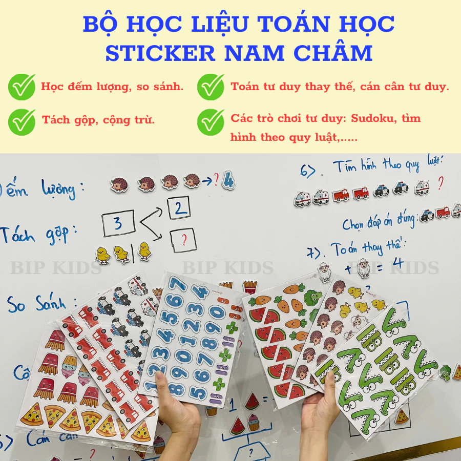 Bộ Học liệu Toán học sticker nam châm BIP KIDS-giúp bé học đếm lượng, cộng trừ, so sánh, tư duy, ... tự hút lên bảng từ.