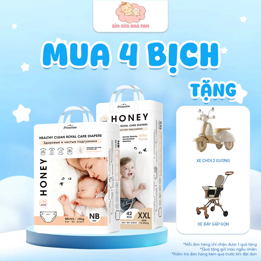 [COMBO 4 BỊCH TẶNG QUÀ] Tã Bỉm HONEY PREMIUM Dán/Quần Chính Hãng, Mềm Mại Thấm Hút Vượt Trội
