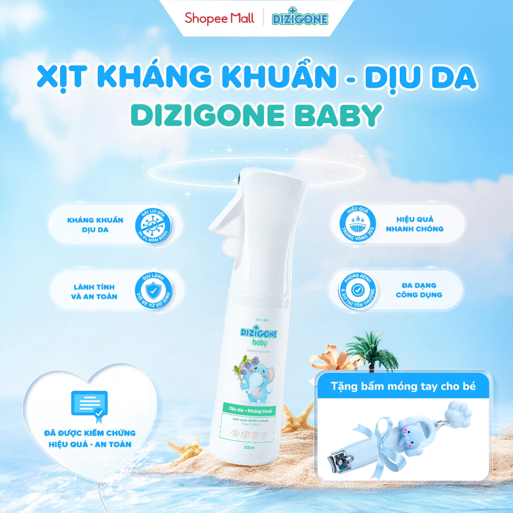 Xịt kháng khuẩn dịu da DIZIGONE Baby 300ml: Xịt tay chân, đồ gặm nướu, đồ chơi, đồ dùng của bé, phòng bệnh cho bé