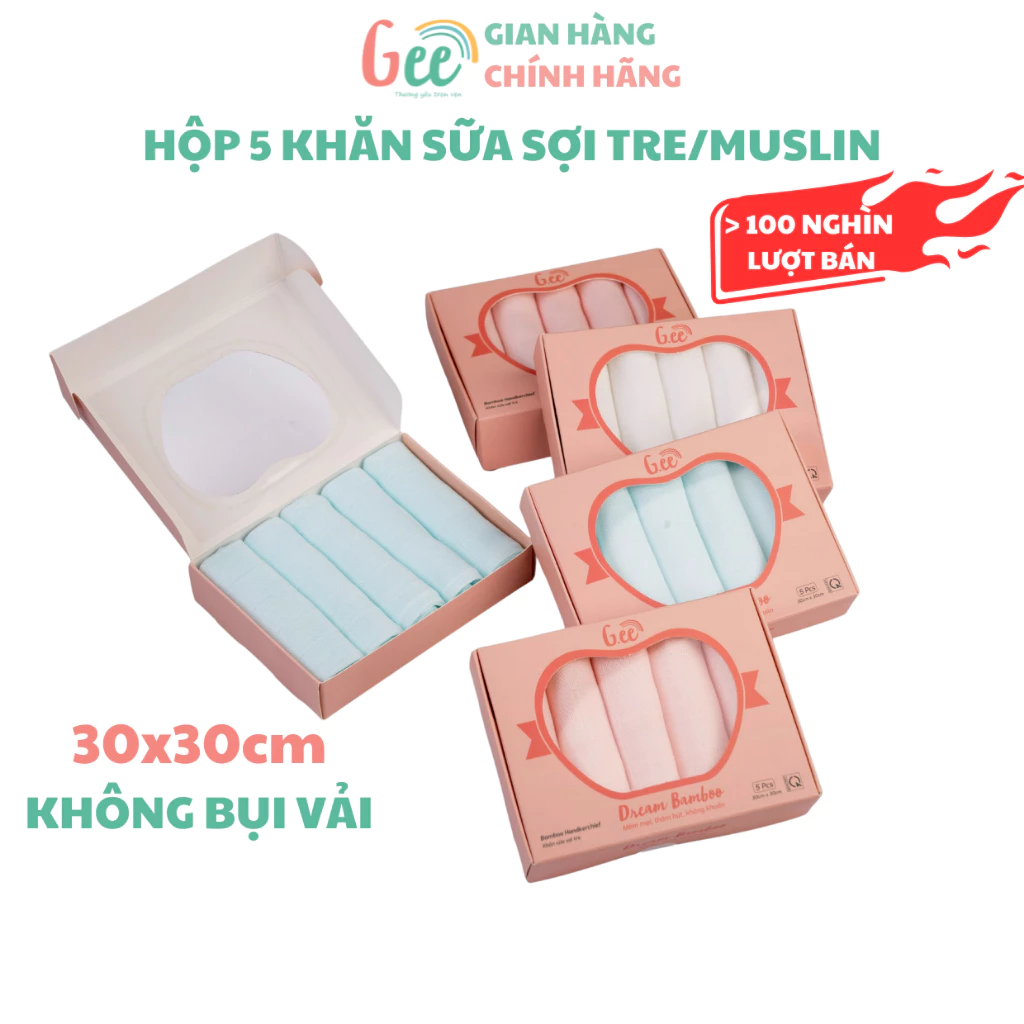 Khăn sữa Gee cao cấp, set 5 khăn sợi tre/muslin cho bé sơ sinh, không bụi vải, mềm mịn, thấm hút, kháng khuẩn, an toàn