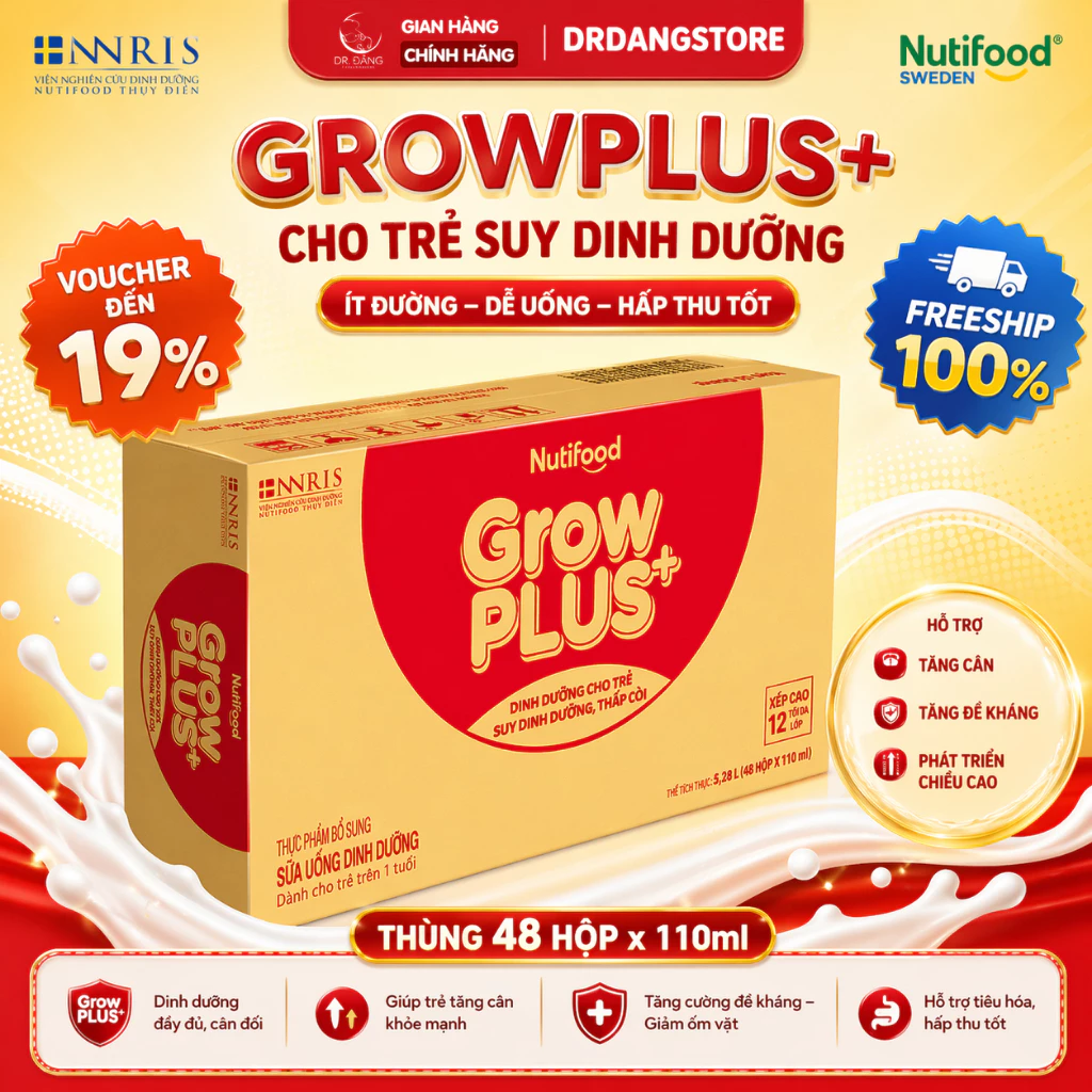 Thùng 48 hộp Nutifood GrowPLUS+ Suy Dinh Dưỡng (Đỏ) Ít đường 110ml