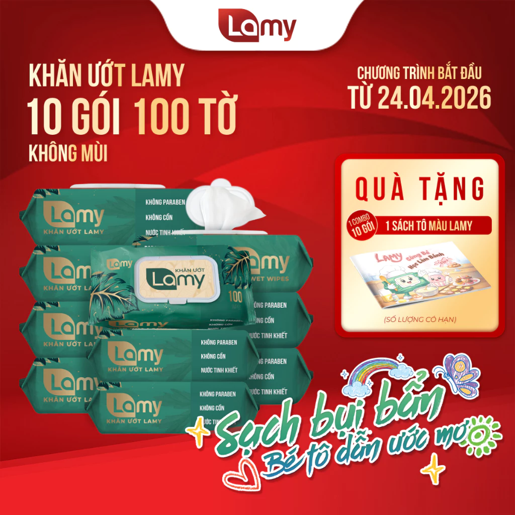 (TẶNG SÁCH TÔ MÀU) Khăn giấy ướt Lamy Thùng 10 gói lớn (1000 tờ) không paraben mềm mịn dịu nhẹ