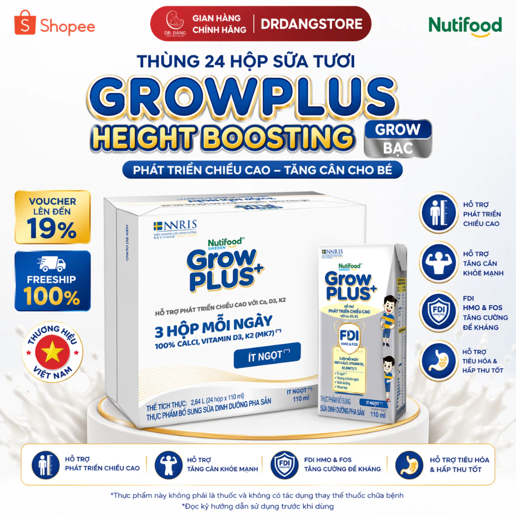 Thùng 24 Hộp Sữa Pha Sẵn Growplus Height Boosting (Grow bạc) 110ml