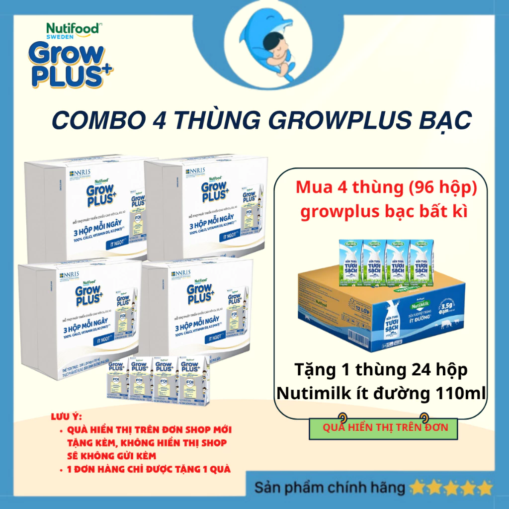 [Combo 4 thùng bạc ] Sữa Bột Pha Sẵn Nutifood Sweden Grow plus+ Cao lớn vượt trội 110ml/180ml MECAHEO ( 24 hộp/thùng)