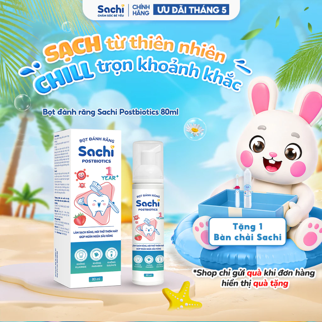 Bọt đánh răng Sachi Postbiotics giúp làm sạch, trắng răng, ngừa sâu răng cho bé 80ml