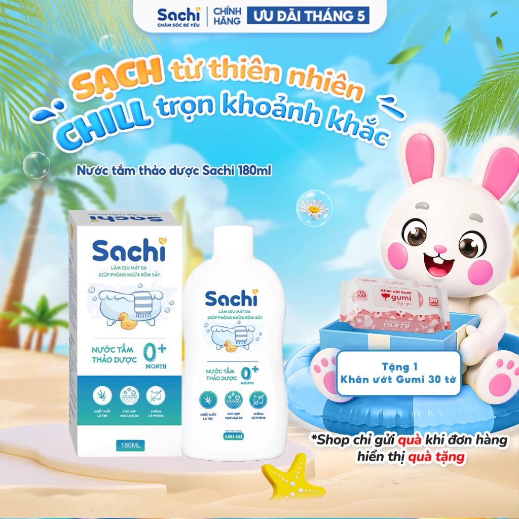Nước Tắm Thảo Dược Cho Bé SACHI Làm Sạch An Toàn, Ngừa Rôm Sảy, Ngăn Ngừa Mảng Bám Da Đầu Chai 180ml