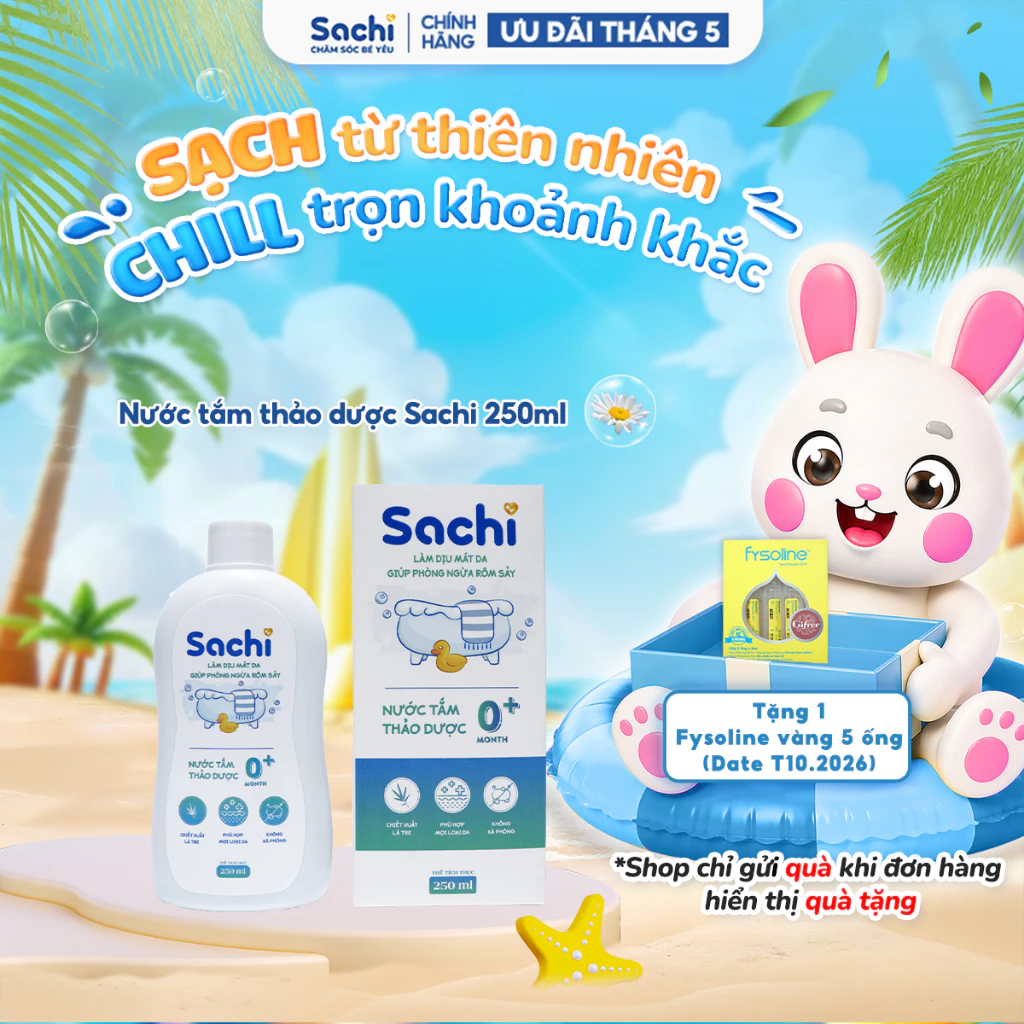 Nước Tắm Thảo Dược SACHI Ngừa Rôm Sảy, Làm Ấm Hỗ Trợ Ngăn Cảm Cúm, Cảm Lạnh Cho Bé Lọ 250ml