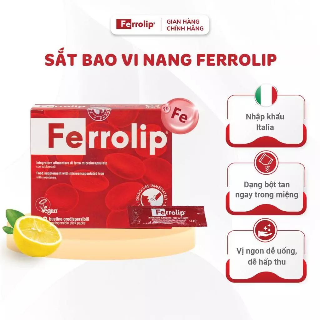 Sắt Ferrolip - Sắt bao vi nang dành cho mẹ bầu & người trưởng thành - Hộp 20 gói