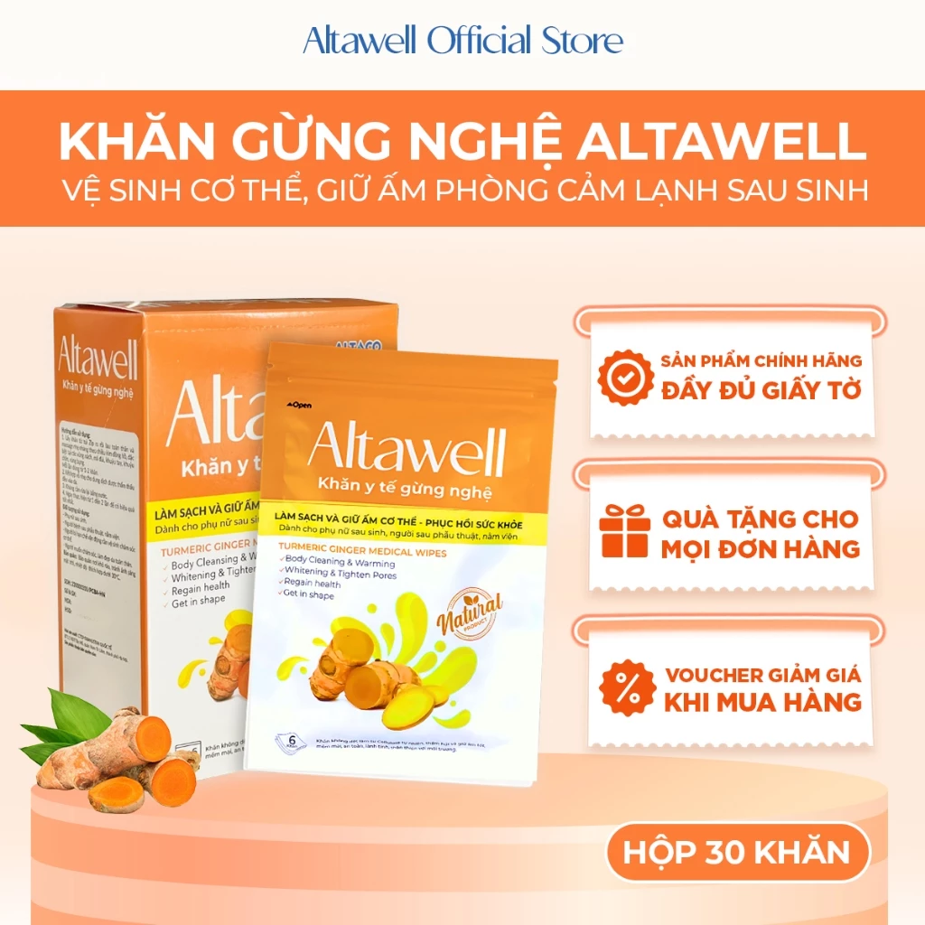 Khăn Y Tế Gừng Nghệ Altawell - Hỗ Trợ Làm Sạch Khử Mùi Sáng Da Giữ Ấm, Dùng Được Cho Mẹ Bầu, Mẹ Sau Sinh