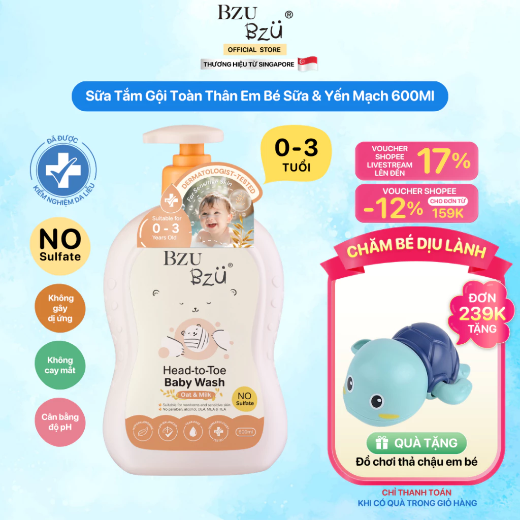 Sữa Tắm Gội Toàn Thân Em Bé BZU BZU Baby Head to Toe Wash 4 Mùi Hương Làm Sạch Dịu Nhẹ 600ml