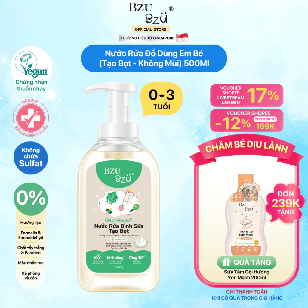 [Phiên bản mới] Nước Rửa Bình Sữa, Rau Củ Quả Và Đồ Dùng Em Bé Thuần Chay BZU BZU CleanHaven Tạo Bọt 500ml, Không Mùi