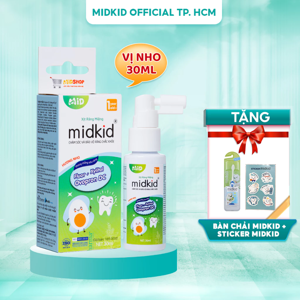 Xịt chống sâu răng Midkid cho trẻ từ 1 tuổi, vị Nho 30m an toàn, giúp làm sạch và bảo vệ men răng, loại bỏ mảng bám đen