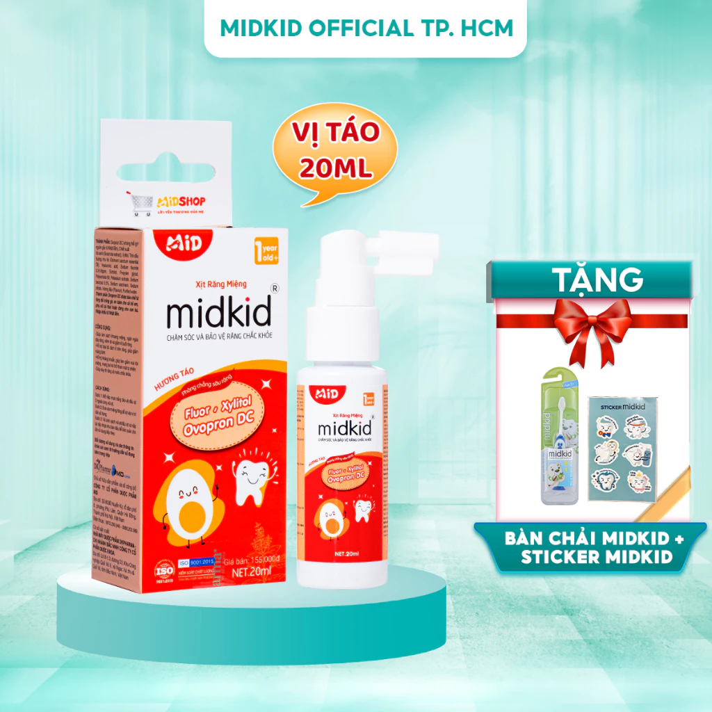 Xịt chống sâu răng MIDKID an toàn cho trẻ từ 1 tuổi, vị Táo 20ml, giúp bảo vệ men răng, làm sạch mảng bám đen, ố vàng