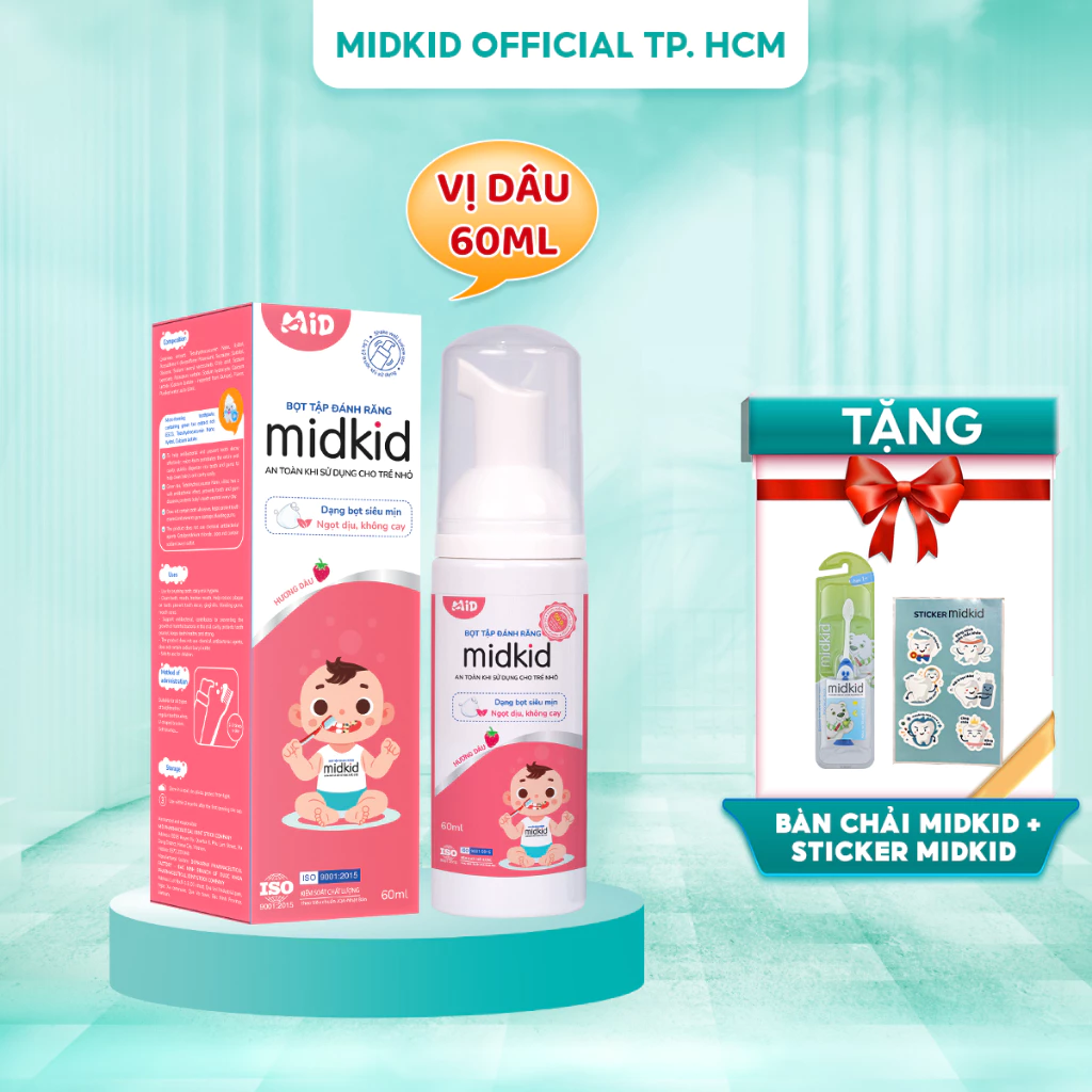 Bọt tập đánh răng Midkid cho trẻ từ 1 tuổi nuốt an toàn, hữu cơ vị Dâu 60ml, không Fluoride, không chất mài mòn răng,