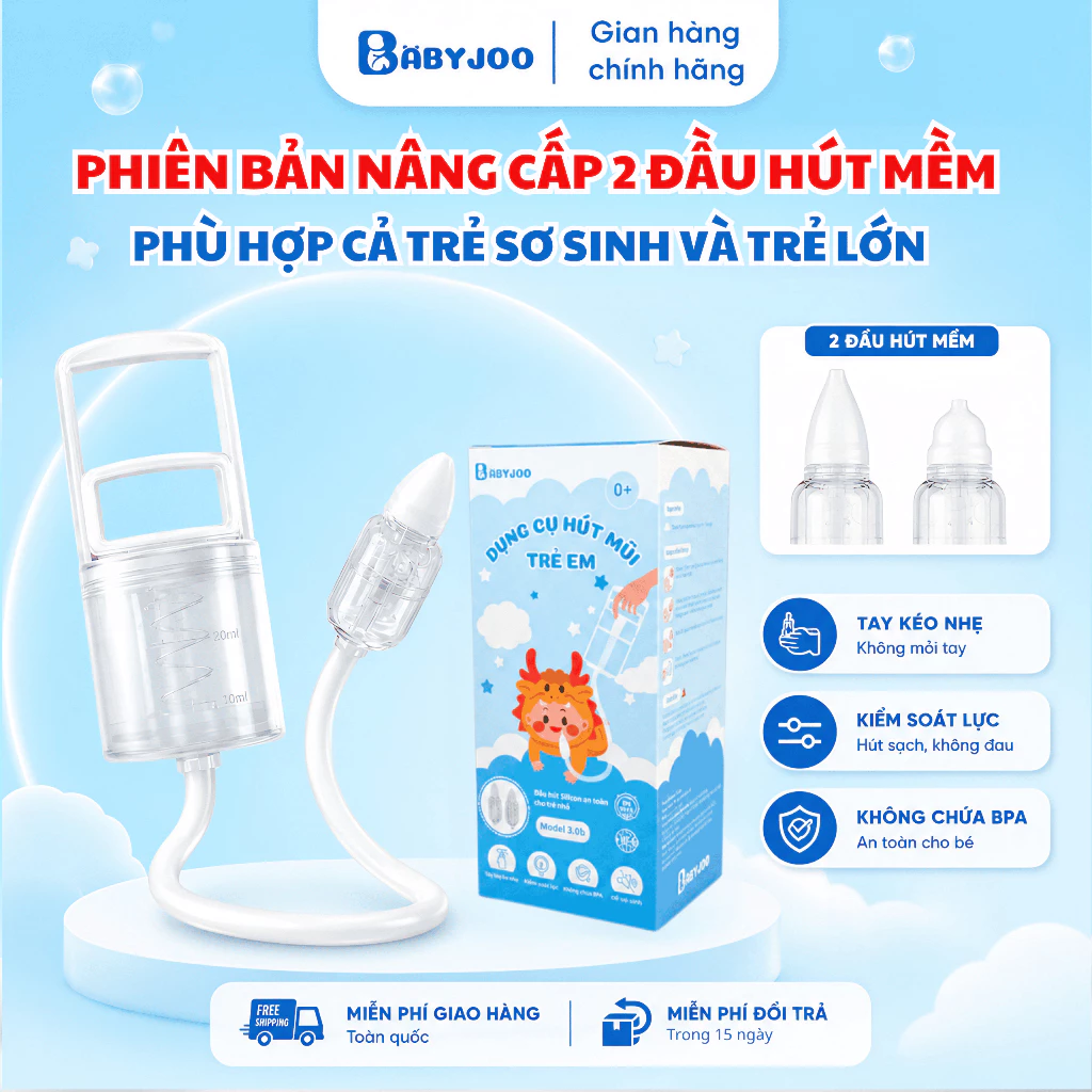 Dụng cụ hút mũi trẻ sơ sinh BABYJOO, Dụng cụ hút mũi bằng tay, Dụng cụ hút mũi cho bé bản nâng cấp mới 2 đầu hút sơ sinh