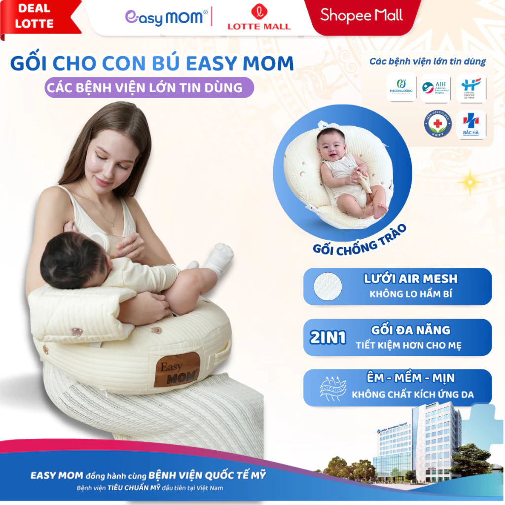 [DEAL LOTTE] Gối Cho Con Bú 2in1 Easy MOM Kết Hợp Gối Chống Trào Cho Bé Ăn Dặm Cao Cấp Giúp Mẹ Thoải Mái Giảm Đau Nhức