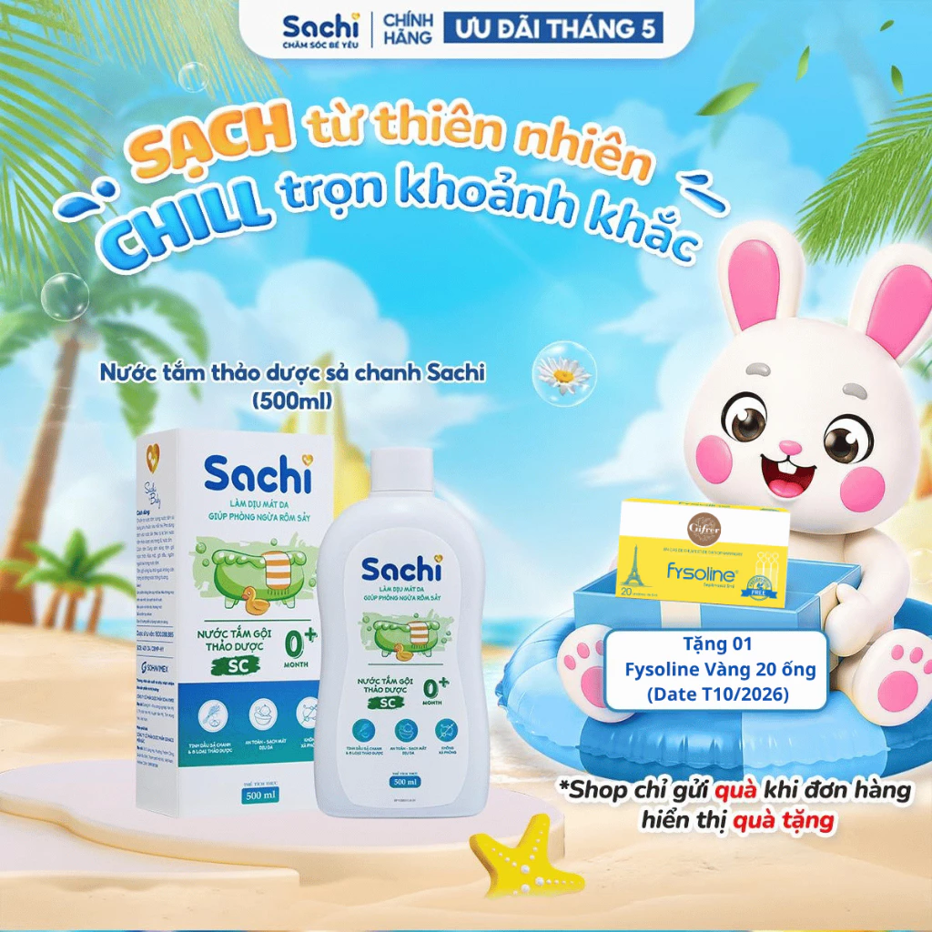 Nước Tắm Gội Thảo Dược Cho Bé Sachi 500ml Hỗ Trợ Làm Sạch Ngăn Ngừa Rôm Sảy, Mẩn Ngứa Và Mảng Bám Da Đầu, Giữ Ấm Cơ Thể