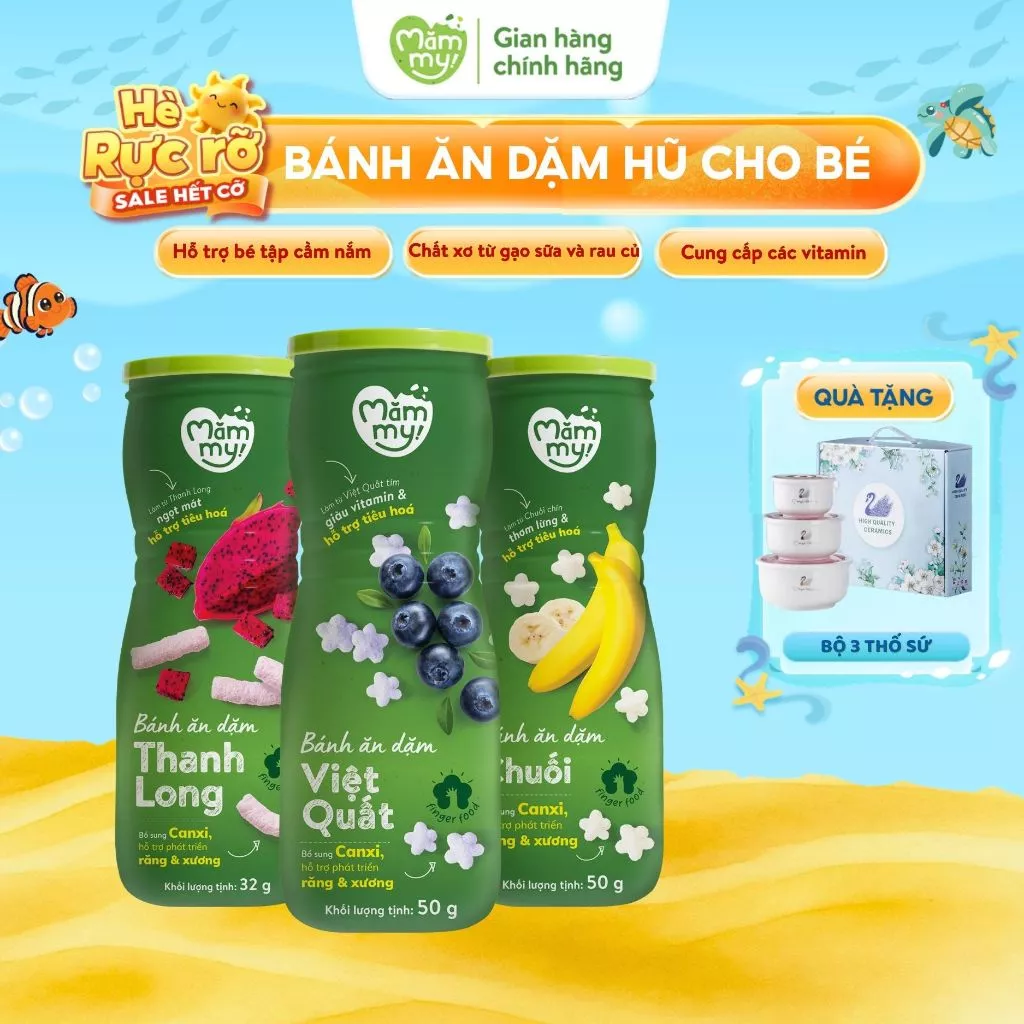 Bánh ăn dặm cho bé dạng hũ Mămmy vị trái cây và rau củ hỗ trợ tiêu hoá cho bé 6 tháng, hũ 32-50g