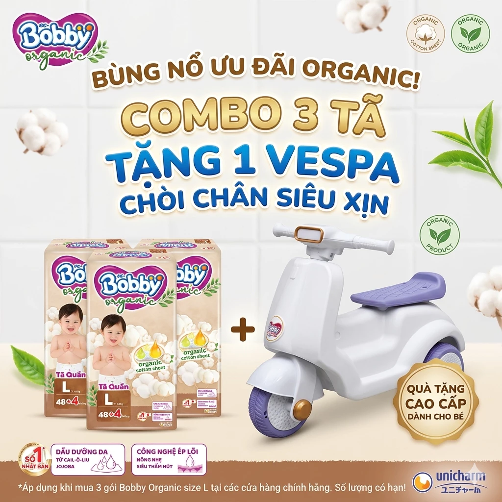Tã quần Bobby Organic cao cấp cho bé - Mua 3 gói tặng 1 xe chòi Vespa