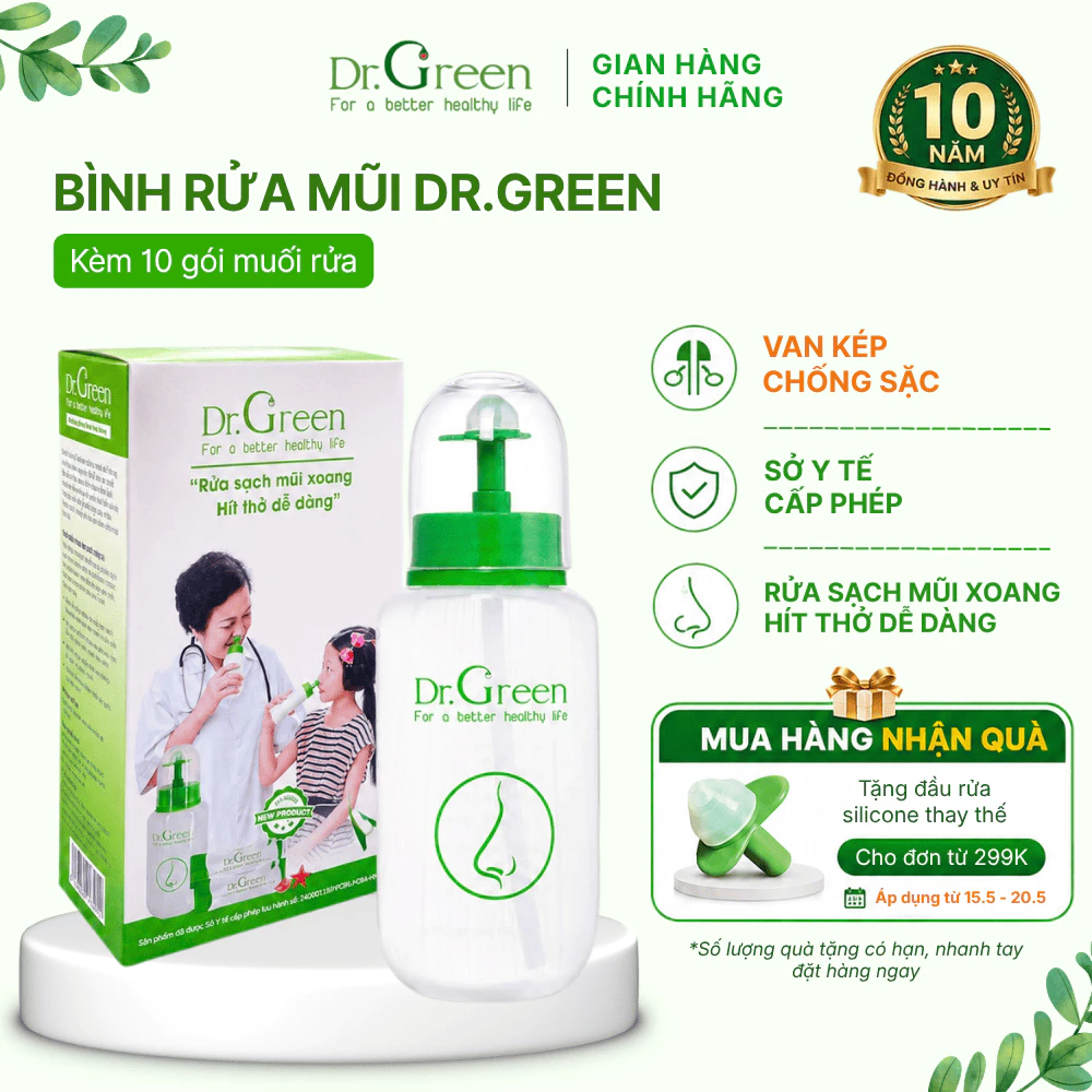 Bình rửa mũi VAN KÉP CHỐNG SẶC 240ml DR GREEN cho người lớn và trẻ từ 1 tuổi - Kèm 10 gói muối biển nha đam