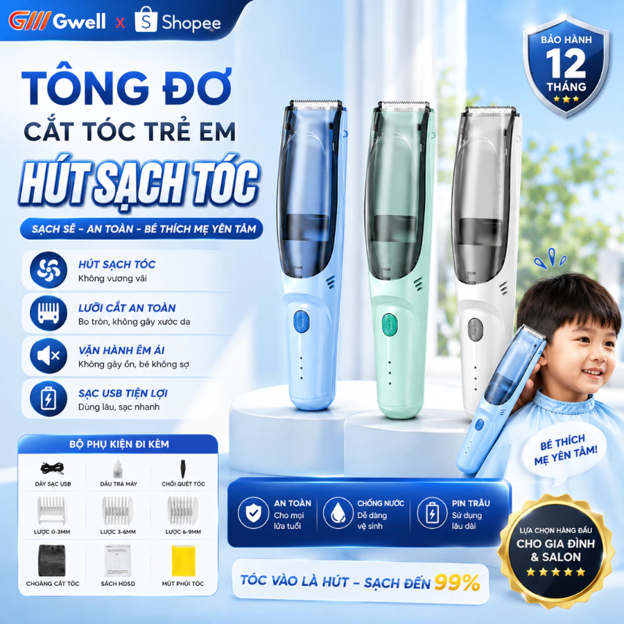 Tông Đơ Cắt Tóc, Máy Hớt Tóc Cho Bé Tự Động Hút Tóc Rơi Hoạt Động Êm Ái An Toàn Kèm 9 Phụ Kiện