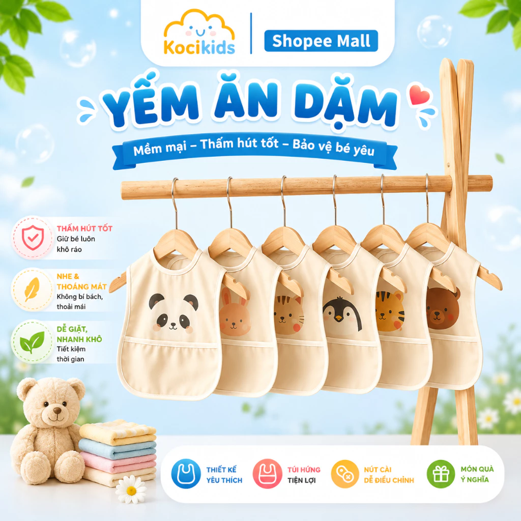 Yếm ăn dặm cho bé có máng hứng ngang, chống thấm, gọn nhẹ, nhiều họa tiết xinh xắn
