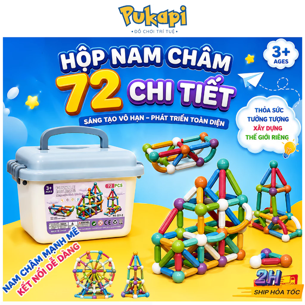 Đồ Chơi Nam Châm Xếp Hình Bộ Xếp Hình Nam Châm 72 Chi Tiết Lắp Ghép Sáng Tạo Đa Dạng Màu Sắc - Đồ Chơi Cho Bé PUKAPI