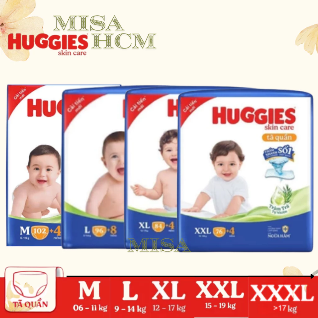 [Mẫu mới] Tã quần Huggies Skincare Mega Jumbo M106/L96+8/XL84+4/XXL76+4 với tràm trà dịu da