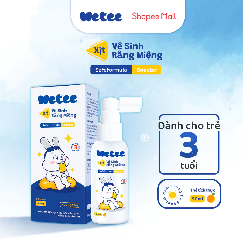 [3 TUỔI] Xịt Vệ Sinh Răng Miệng Wetee Cho Bé Từ 3 Tuổi, Hương Cam, Hỗ Trợ Khử Mùi Răng Miệng 50ml